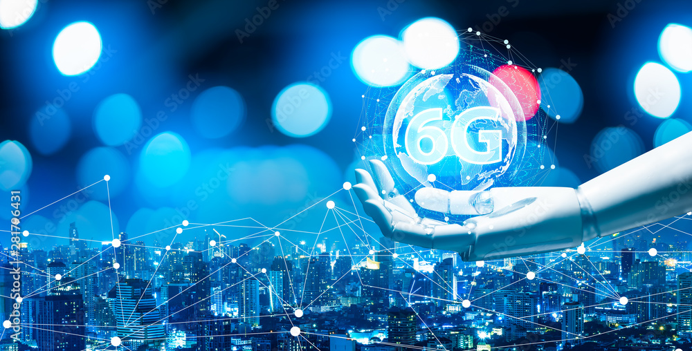 Aufkleber robot android hand holding icon 6g.6g network digital hologram and internet of things on city backgr