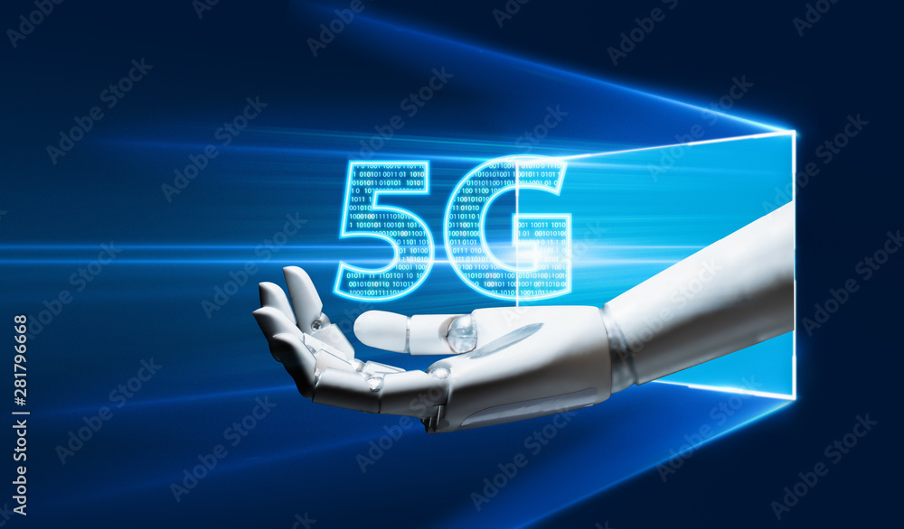 Aufkleber robot android hand holding icon 5g.5g network digital hologram and internet of things on city backgr
