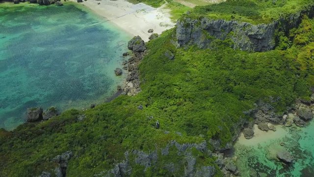 Aerial view of seashore and beach, Kafu Banta, Miyagi Island, Japan