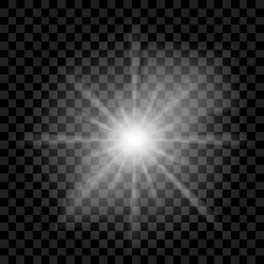 White glowing transparent rays, sunlight, glare on dark background, vector illustration