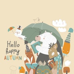 Funny animals read books under umbrella. Autumn time