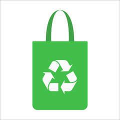 Green fabric bag icon with recycle symbol on white background