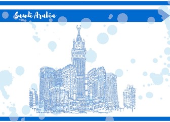 Fototapeta premium Blue Saudi Arabia sketch postcard high skyscraper