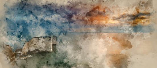 Digital watercolour painting of Beautiful sunrise landscape over Old Harry Rocks in Dorset