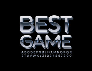 Vector stylish Sign Best Game. Bright Silver Font. Metallic Alphabet Letters and Numbers.