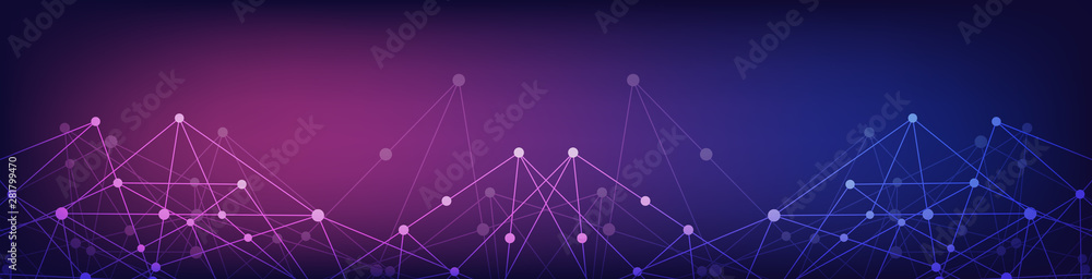 Fototapete Website header or banner design with abstract geometric background and connecting dots and lines. Global network connection. Digital technology with plexus background and space for your text.