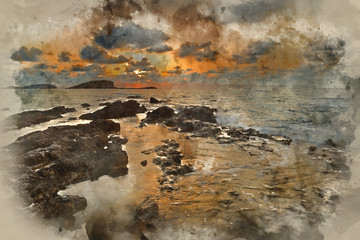 Digital watercolour painting of Stunning landscapedawn sunrise with rocky coastline and long exposure Mediterranean Sea