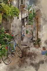 Fototapeta na wymiar Digital watercolour painting of Typical old Mediterranean alley between old houses