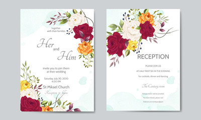 beautiful wedding invitation card  template with floral leaves