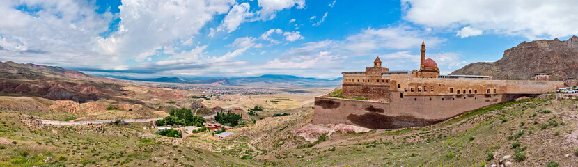 Fototapeta premium Aerial view of Ishak Pasha Palace, it is a semi-ruined palace and administrative complex located in the Dogubeyazit, Agri province of eastern Turkey. Ottoman, Persian, and Armenian architectural style
