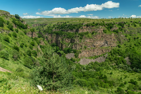 Amazing mountain landscape in Georgia on a sunny summer day. Top view of Dashbash Canyon