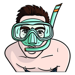young man with diving goggles and snorkel in mouth.  Tourist, vacation, dive, color, face, doodle.
