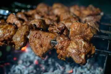 Close-up of grilled kebab on skewers on the grill at night