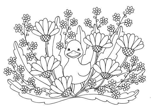 Coloring page with flowers and cute duckling