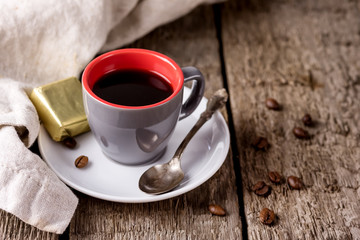 Gray Red Cup of Tasty Espresso Cup of Coffee Breakfast Concept Wooden Background Horizontal Copy Space