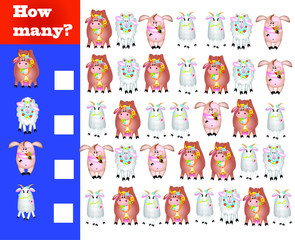 Counting game for preschool children. Educational math game. Count how many different animals, and record the result!