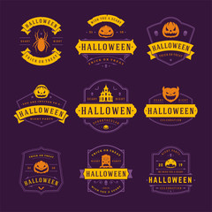 Happy halloween labels and badges design set vintage typography templates for greeting cards banners vector illustration