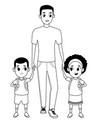 Family single parent with childrens cartoon in black and white