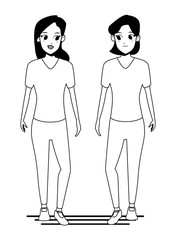 Young couple smiiling and walking cartoon in black and white