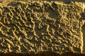 The rough surface of a wall tile caught by the evening sun produces a texture like a relief map or drone photo of a wasteland and provides an interesting background for designers