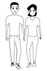 Young couple smiiling and walking cartoon in black and white
