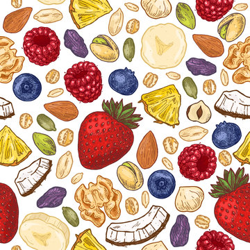 Granola colored seamless pattern. Engraved style illustration. Various berries, fruits and nuts. Vector illustration