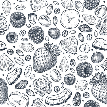 Granola seamless pattern. Engraved style illustration. Various berries, fruits and nuts. Vector illustration