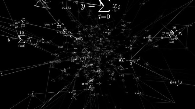 Neon glowing complex math formula. Plexus with digital numbers, formulas, diagrams, graphics and text.