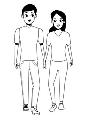 Young couple smiiling and walking cartoon in black and white