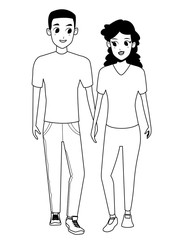Young couple smiiling and walking cartoon in black and white