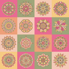 Abstract tile pattern with hand-drawn mandalas