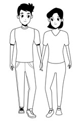 Young couple smiiling and walking cartoon in black and white