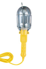 Generic Portable hand Maintenance Work lamp With Hook and metal protective. A plastic handle and electrical wire is yellow color. Use with E27 type bulb. Isolated on black background.
