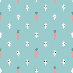 Vector seamless background. Kawai rabbit and carrot on the blue background, cartoon bunny. Vector illustration