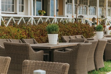 Summer terrace cafe, chairs and tables outside. Concept food