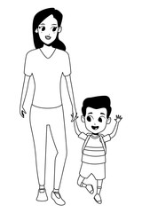 Family single parent with children cartoon in black and white