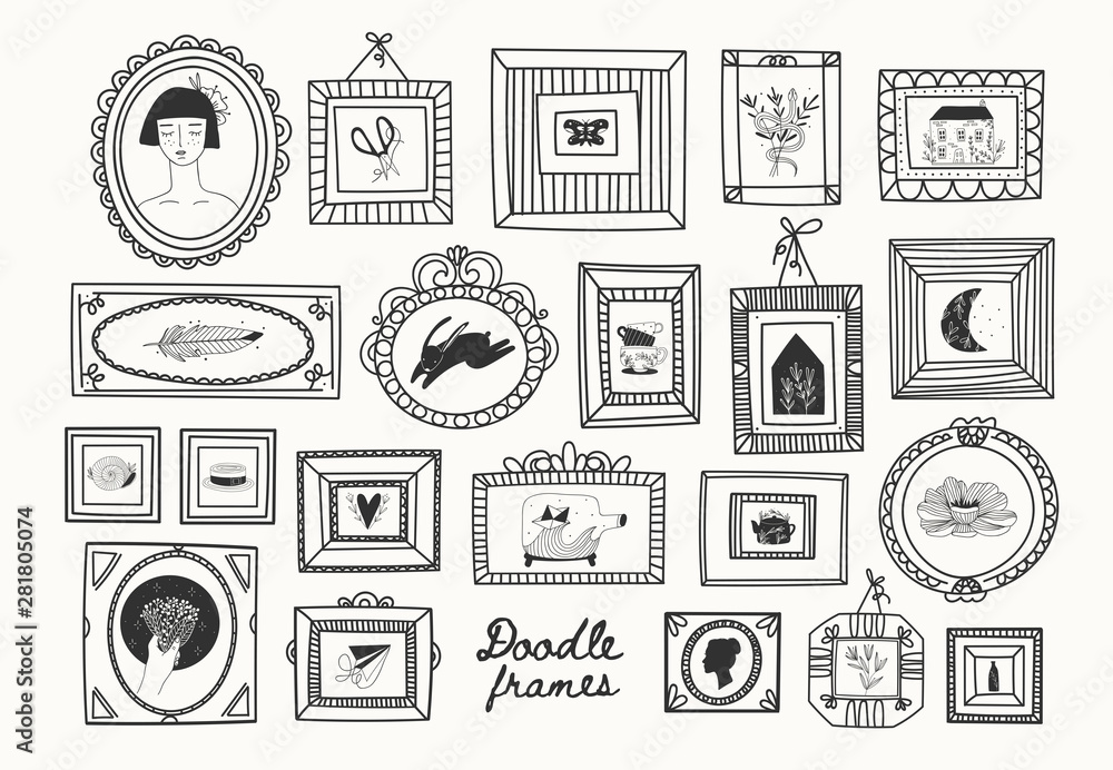 Poster set of various doodle frames with pictures. different shapes. minimalistic design. outline drawing. 