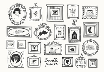 Set of various doodle frames with pictures. Different shapes. Minimalistic design. Outline drawing. Hand drawn vector illustration. Perfect for wallpapers and logos. Everything is isolated © Dariia