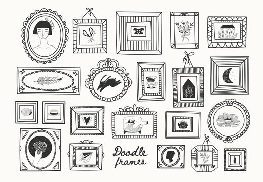 Set of various doodle frames with pictures. Different shapes. Minimalistic design. Outline drawing. Hand drawn vector illustration. Perfect for wallpapers and logos. Everything is isolated