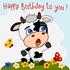 Greeting card - cute cow sings song Happy birthday to you