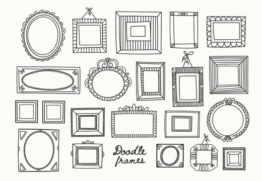 Set of various doodle frames. Different shapes. Simple logo. Minimalistic design. Outline drawing. Hand drawn vector illustration. Perfect for wallpapers. Everything is isolated
