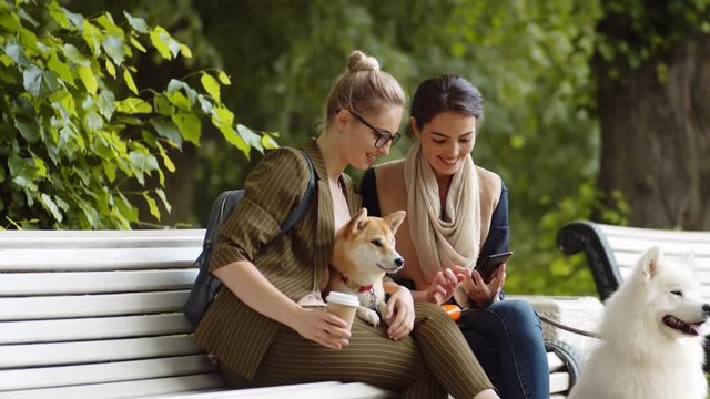 Lockdown of mixed-race young woman holding smartphone and making selfie with her female friend and Shiba Inu lying on her knees while Samoyed sitting nearby. Then women looking through photos