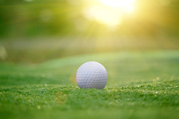golf ball is on a green lawn in a beautiful golf course