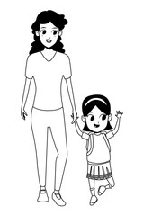 Family single parent with children cartoon in black and white