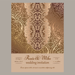 Wedding invitation card with beige and gold shiny eastern and baroque rich foliage. Ornate islamic background for your design. Islam, Arabic, Indian, Dubai.