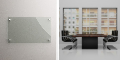 Blank transparent sign plate mockup, Nameplate template on the wall business office interior, meeting room. 3d illustration.