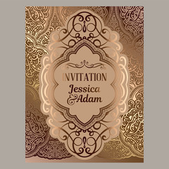 Wedding invitation card with beige and gold shiny eastern and baroque rich foliage. Ornate islamic background for your design. Islam, Arabic, Indian, Dubai.