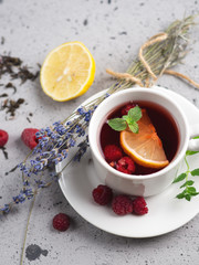 Hot red berry tea with raspberry and lemon and lavender