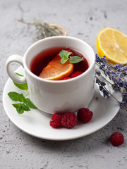 Hot red berry tea with raspberry and lemon and lavender