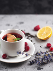 Hot red berry tea with raspberry and lemon and lavender